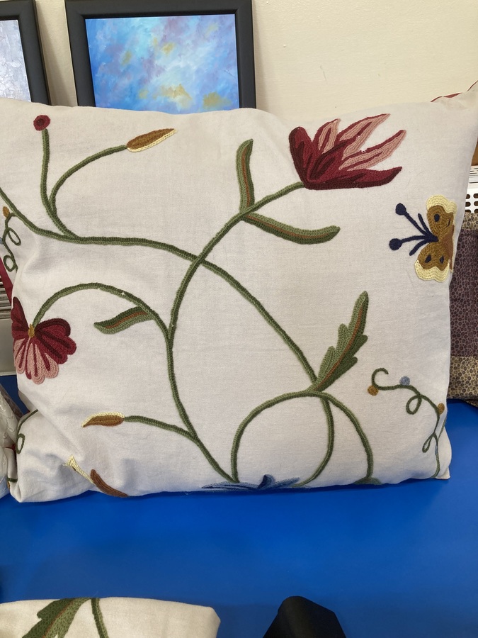 Fabulous cushion made by Heather using fabric she bought from the charity table which was originally Christine B  curtains.